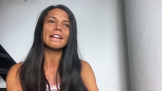 Busty curly brunette with big boobs fucks on couch