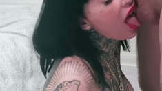 Hot brunette with big boobs gives hot blowjob