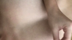 Busty curly brunette with big boobs fucks on couch