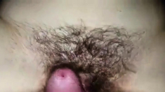 Pumping a load into my girl's hairy cunt